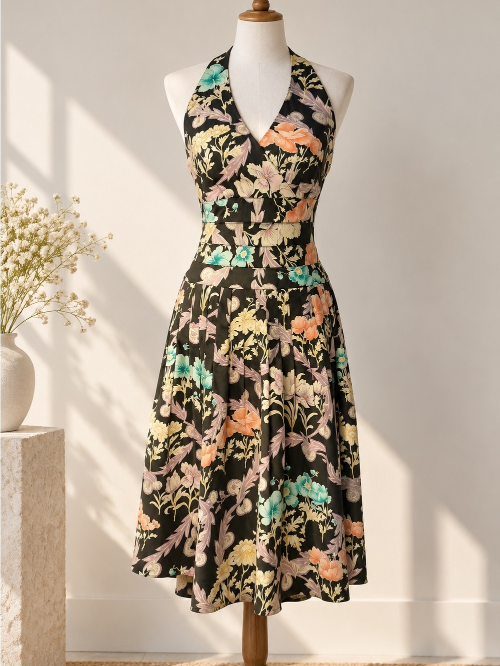Vintage Y2K Kay Unger NY Floral Halter Fit Flare Pleated Dress Womens 6